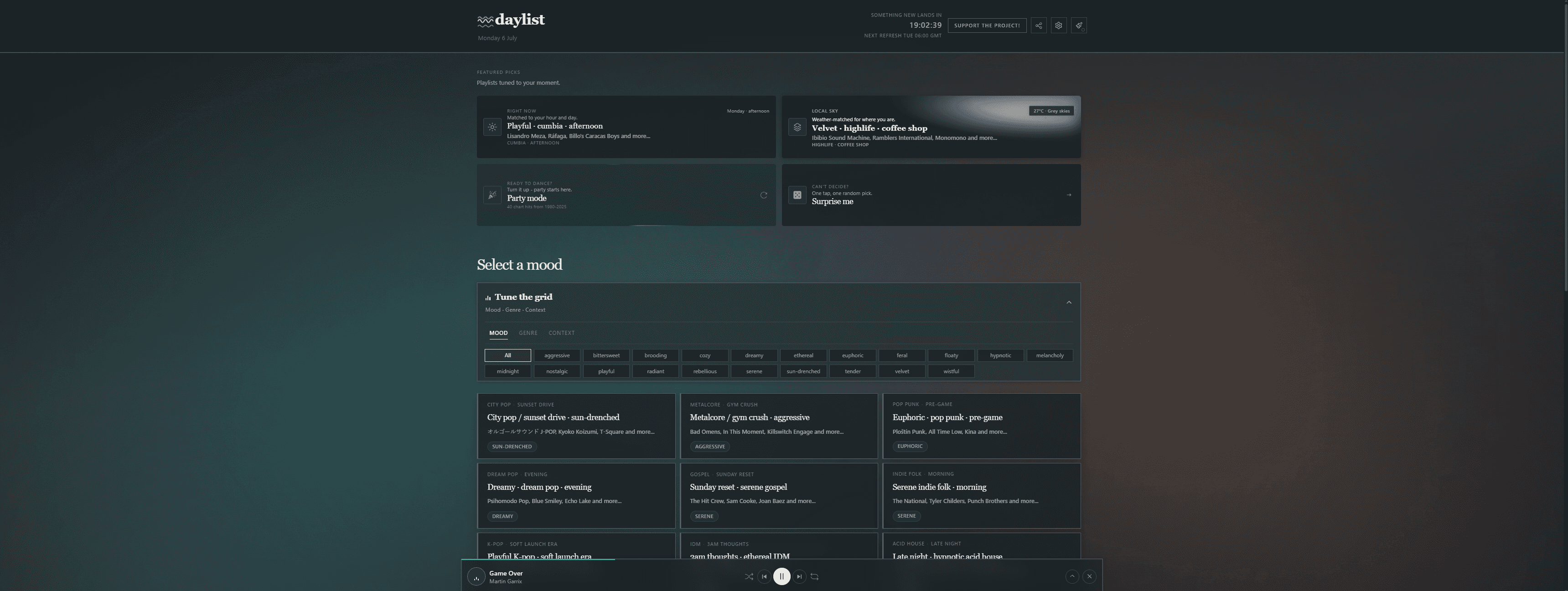 daylist dark theme desktop view